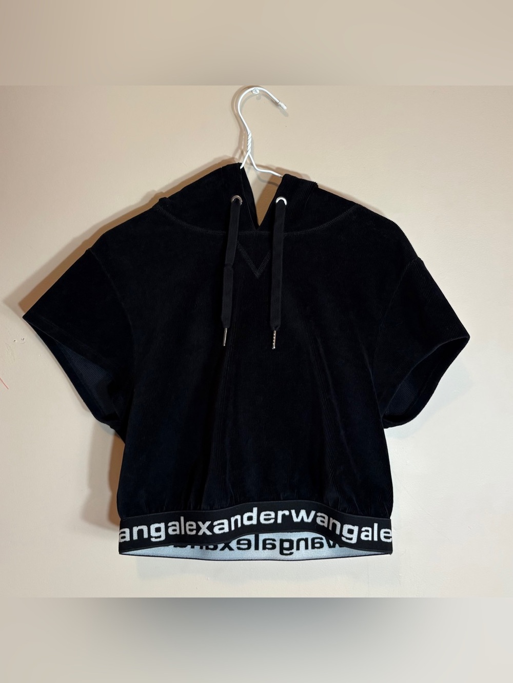 Authentic Alexander Wang Black Short-Sleeve Hooded Pullover with Logo Hem